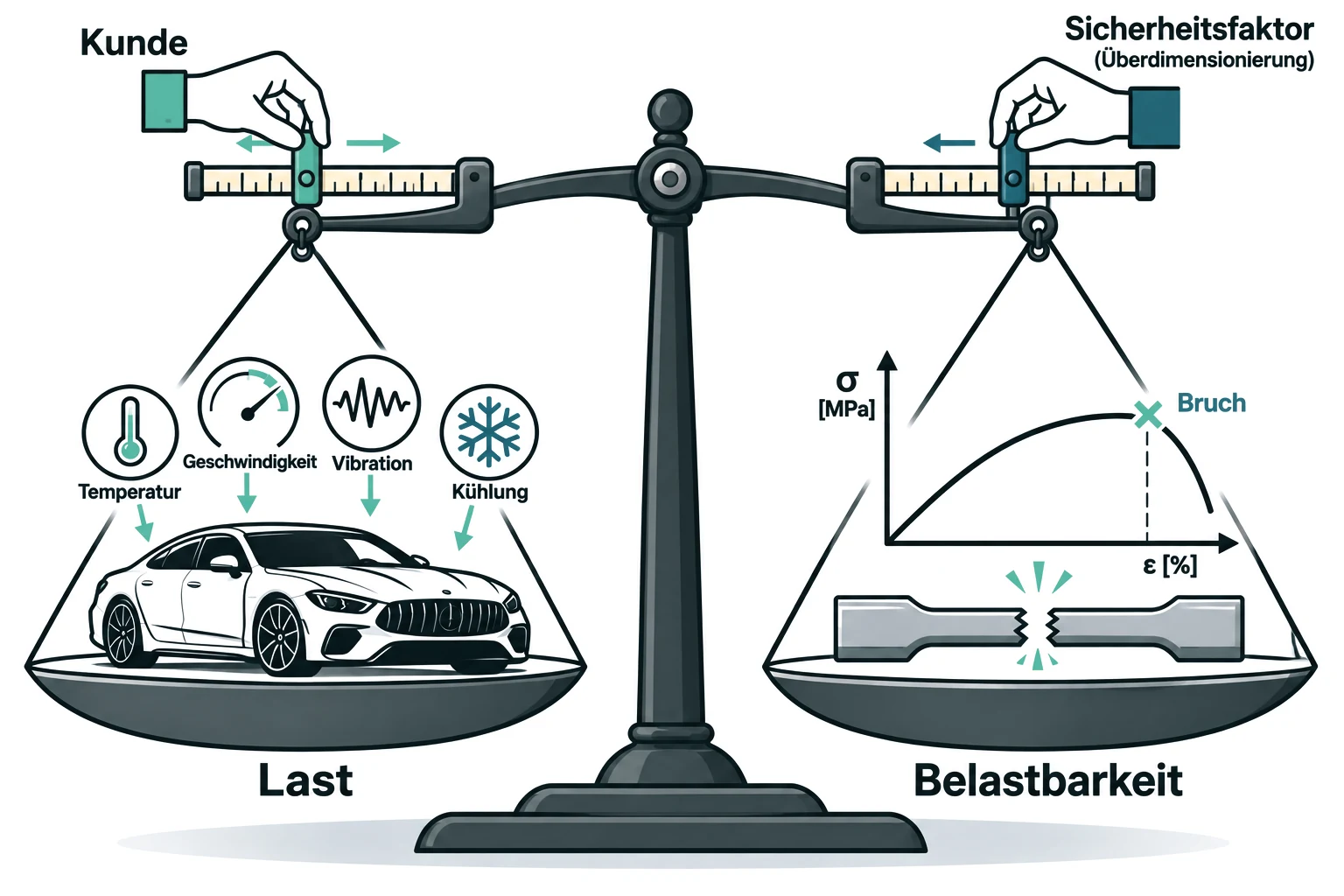 Auslegungswaage: Links verschiebt der Kunde das Laufgewicht der Last; in der Schale steht ein Fahrzeug mit den Einflüssen Temperatur, Geschwindigkeit, Vibration und Kühlung. Rechts verschiebt der Sicherheitsfaktor das Laufgewicht der Belastbarkeit; in der Schale liegt eine Zugprobe mit Spannungs-Dehnungs-Kurve bis zum Bruch.